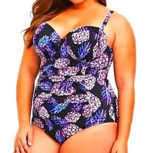 Torrid Plus 5F Pushup Underwire Ruched slimming 1 piece swimsuit pineapple print